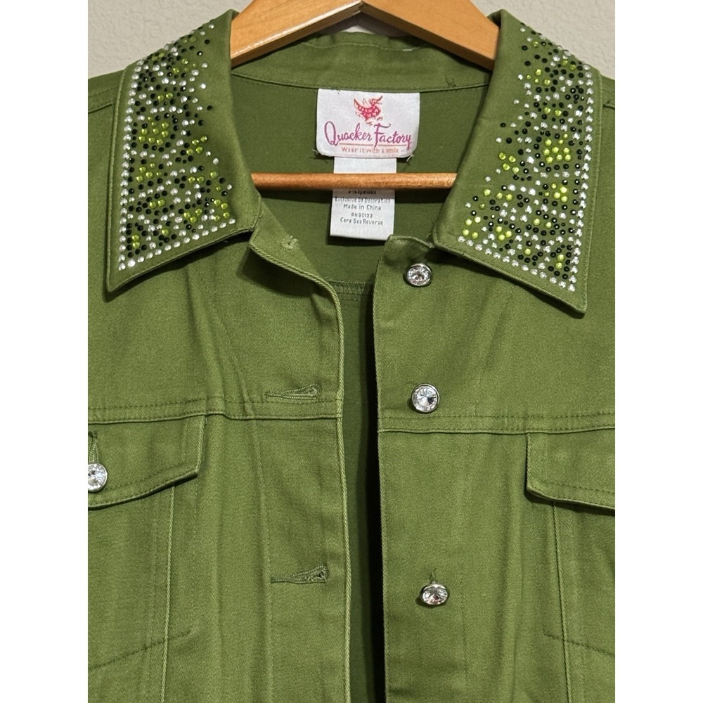 Quacker Factory Women's Jacket Green Sparkle Embellished Size M Festival Bling